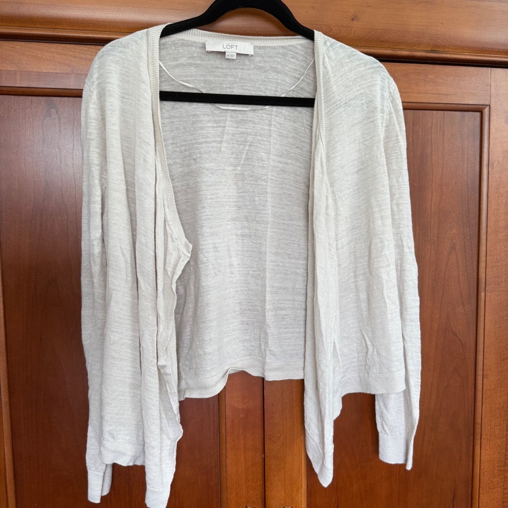 LOFT Beige Linen Blend Draped Open Front Cardigan Sweater Women's Medium EUC
